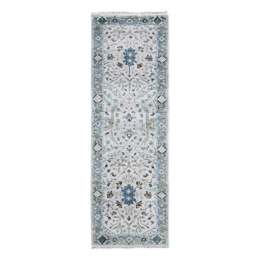 Oushak And Peshawar Wool Hand Knotted Rug Ivory Blueish Gray 2.5X7.9 -O010088