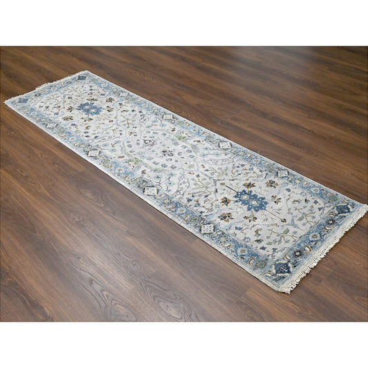 Oushak And Peshawar Wool Hand Knotted Rug Ivory Blueish Gray 2.5X7.9 -O010089