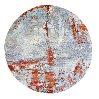 Modern and Contemporary Wool & Silk Hand Knotted Rug Orange 7.11x7.11 -O010105