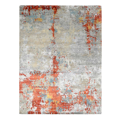 Modern and Contemporary Wool & Silk Hand Knotted Rug Orange 9.0x11.10 -O010178