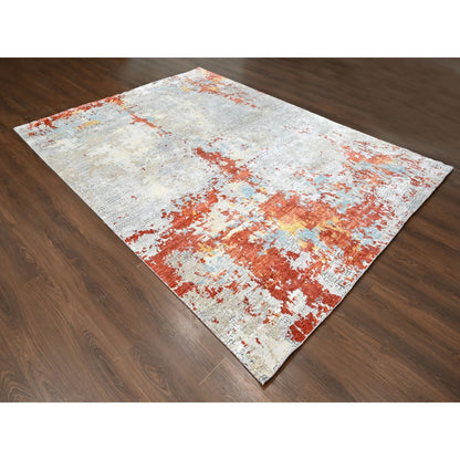 Modern and Contemporary Wool & Silk Hand Knotted Rug Orange 9.0x11.10 -O010178