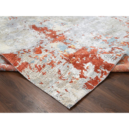 Modern and Contemporary Wool & Silk Hand Knotted Rug Orange 9.0x11.10 -O010178