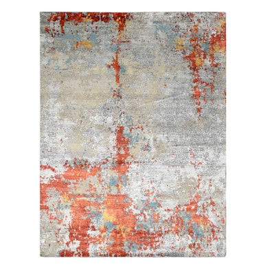 Modern and Contemporary Wool & Silk Hand Knotted Rug Orange 9.0x11.9 -O010181