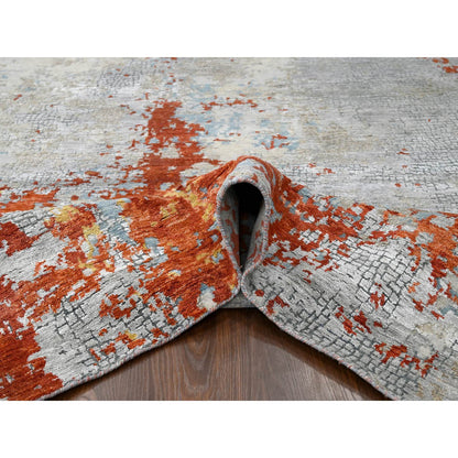 Modern and Contemporary Wool & Silk Hand Knotted Rug Orange 9.0x11.9 -O010181