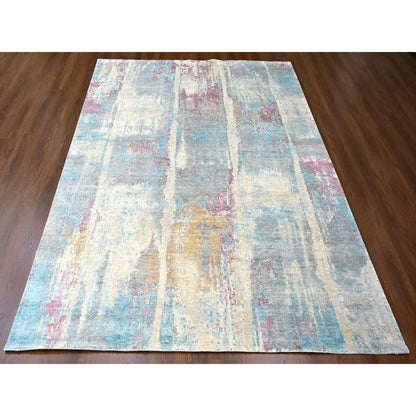 Modern and Contemporary Wool & Silk Hand Knotted Rug Yellow 8.11x12.0 -O010212