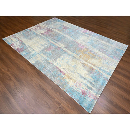 Modern and Contemporary Wool & Silk Hand Knotted Rug Yellow 8.11x12.0 -O010212