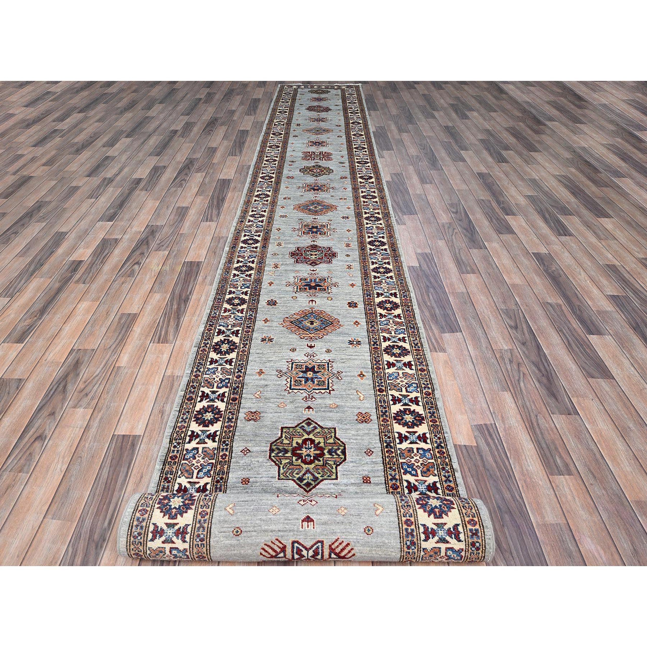 Gray 2'11" x 22'7" Kazak Hand knotted Wool Rug - Sku: O0126