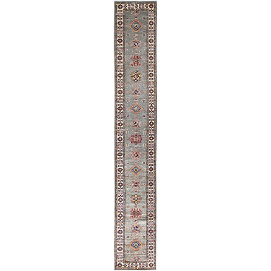 Kazak Wool Hand Knotted Rug Grey Ivory 2.8X15.5 -O0127