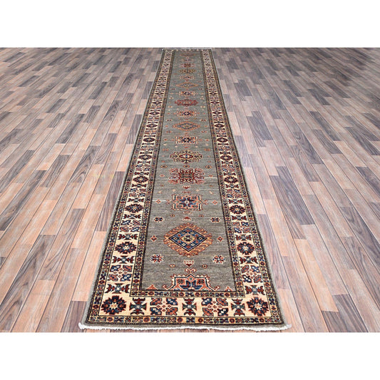 Kazak Wool Hand Knotted Rug Grey Ivory 2.8X15.5 -O0127