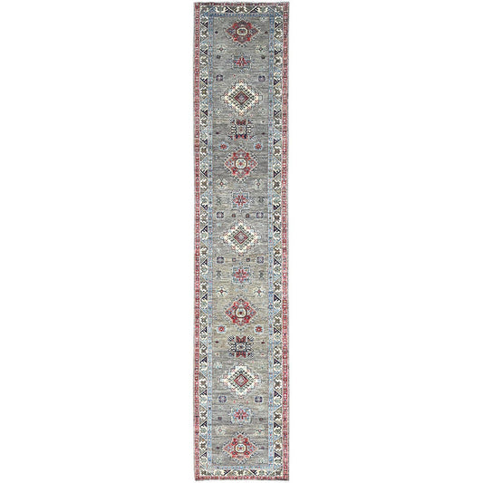 Kazak Wool Hand Knotted Rug Grey Ivory 2.9X13.1 -O0128