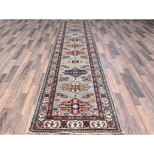 Kazak Wool Hand Knotted Rug Grey Ivory 2.9X11.8 -O0131