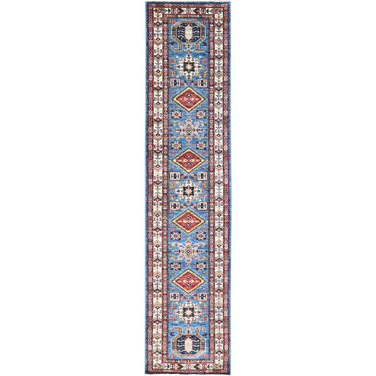 Kazak Wool Hand Knotted Rug Blue Beige 2.8X11.8 -O0132