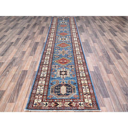 Kazak Wool Hand Knotted Rug Blue Beige 2.8X11.8 -O0132