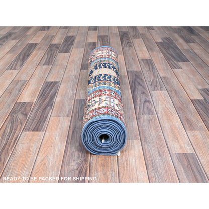 Kazak Wool Hand Knotted Rug Blue Beige 2.8X11.8 -O0132