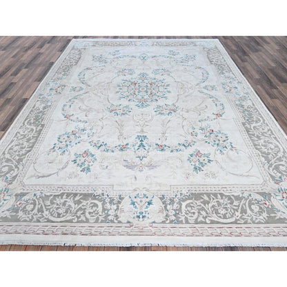 Fine Oriental Wool Hand Knotted Rug Ivory 9.0x11.9 -O01370