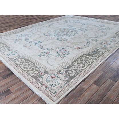 Fine Oriental Wool Hand Knotted Rug Ivory 9.0x11.9 -O01370