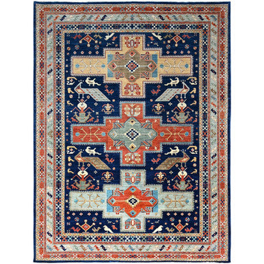 Tribal & Geometric Wool Hand Knotted Rug Blue Gray 9.10X13.7 -O0144