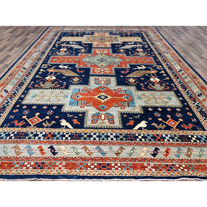 Tribal & Geometric Wool Hand Knotted Rug Blue Gray 9.10X13.7 -O0144