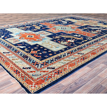 Tribal & Geometric Wool Hand Knotted Rug Blue Gray 9.10X13.7 -O0144
