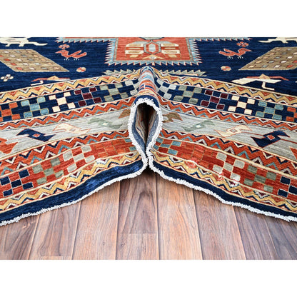Tribal & Geometric Wool Hand Knotted Rug Blue Gray 9.10X13.7 -O0144