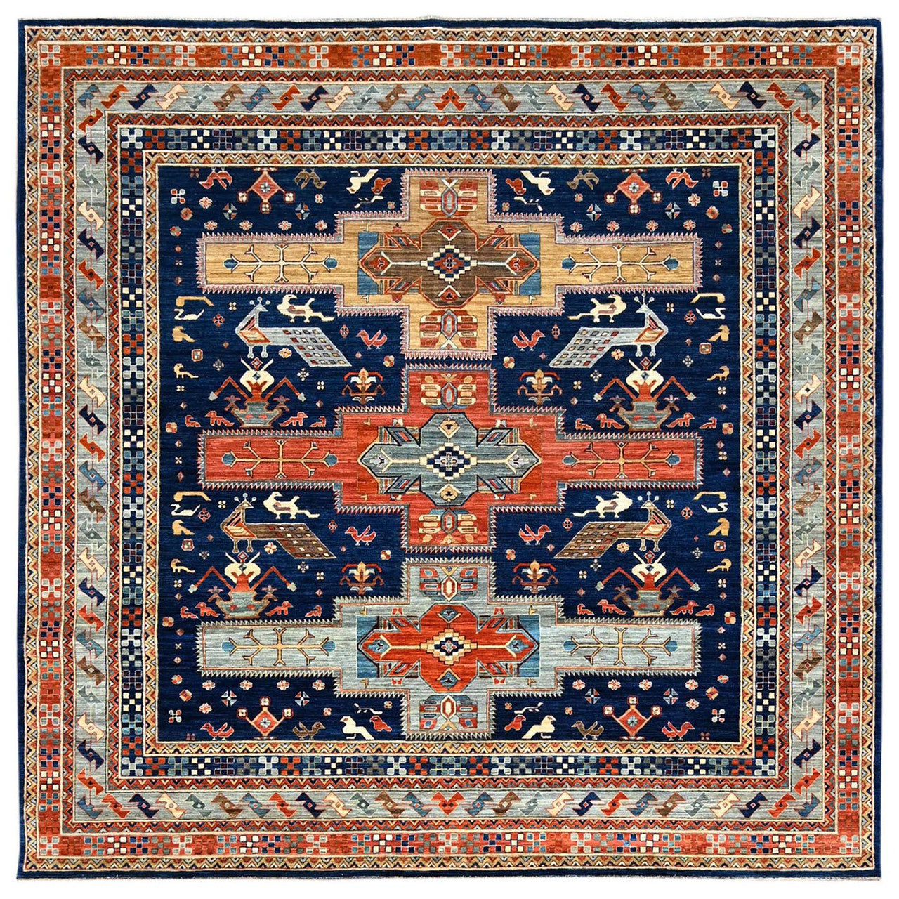 Gray 7'11" x 7'10" Tribal & Geometric Hand knotted Wool Rug - Sku: O0145