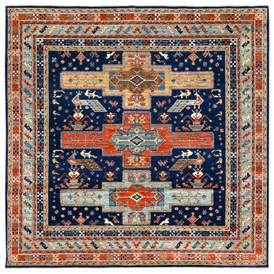 Tribal & Geometric Wool Hand Knotted Rug Blue Gray 7.11X7.10 -O0145
