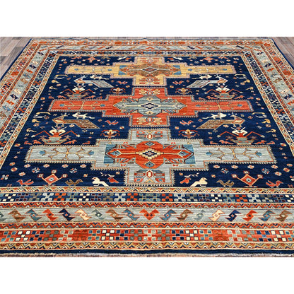 Tribal & Geometric Wool Hand Knotted Rug Blue Gray 7.11X7.10 -O0145