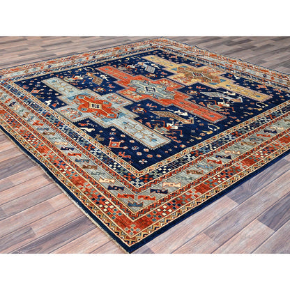 Tribal & Geometric Wool Hand Knotted Rug Blue Gray 7.11X7.10 -O0145