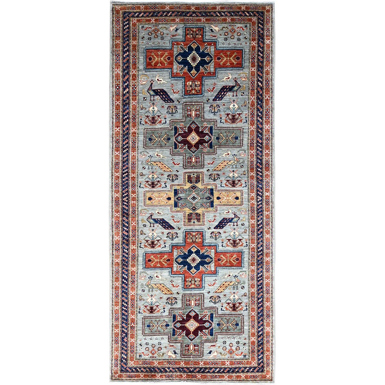 Gray 4'1" x 9'10" Tribal & Geometric Hand knotted Wool Rug - Sku: O0146
