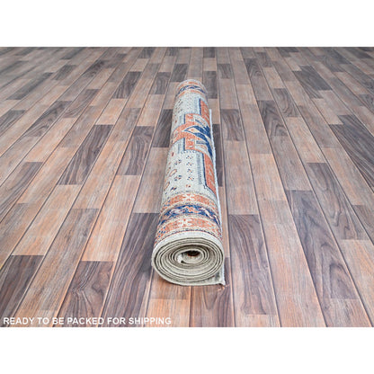 Tribal & Geometric Wool Hand Knotted Rug Grey Blue 4.1X9.10 -O0146