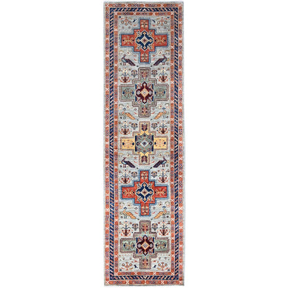 Tribal & Geometric Wool Hand Knotted Rug Grey Blue 2.8X9.7 -O0149