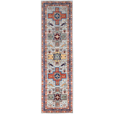 Tribal & Geometric Wool Hand Knotted Rug Grey Blue 2.8X9.7 -O0149