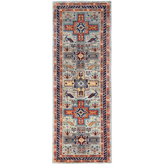 Tribal & Geometric Wool Hand Knotted Rug Grey Blue 2.7X7.6 -O0150