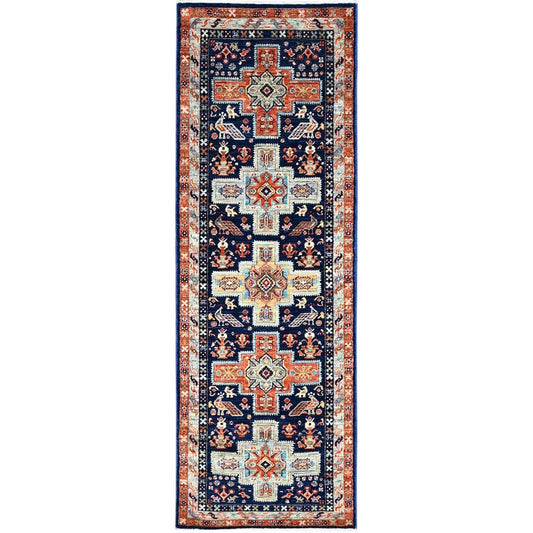 Tribal & Geometric Wool Hand Knotted Rug Blue Gray 2.0X5.10 -O0151
