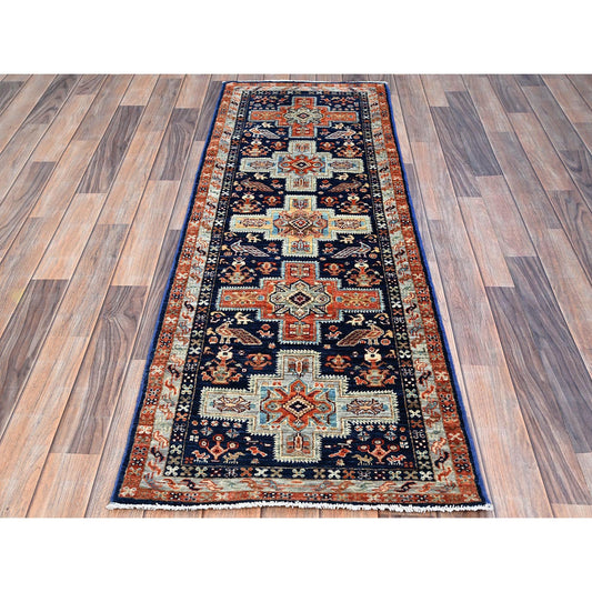 Tribal & Geometric Wool Hand Knotted Rug Blue Gray 2.0X5.10 -O0151
