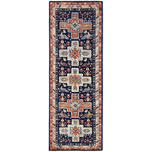 Tribal & Geometric Wool Hand Knotted Rug Blue Gray 2.1X5.10 -O0152
