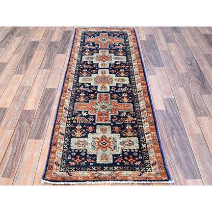 Tribal & Geometric Wool Hand Knotted Rug Blue Gray 2.1X5.10 -O0152