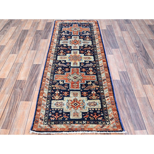 Tribal & Geometric Wool Hand Knotted Rug Blue Gray 2.1X5.10 -O0152
