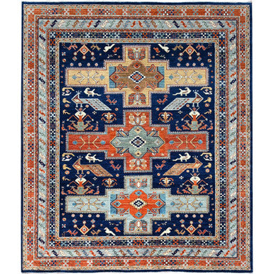 Tribal & Geometric Wool Hand Knotted Rug Blue Gray 7.10X9.4 -O0156