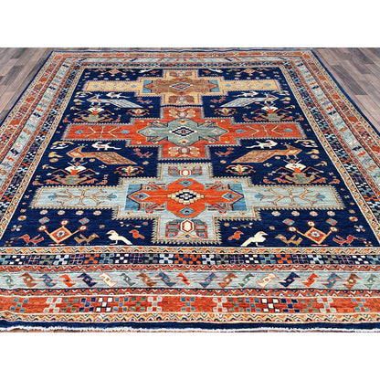 Tribal & Geometric Wool Hand Knotted Rug Blue Gray 7.10X9.4 -O0156