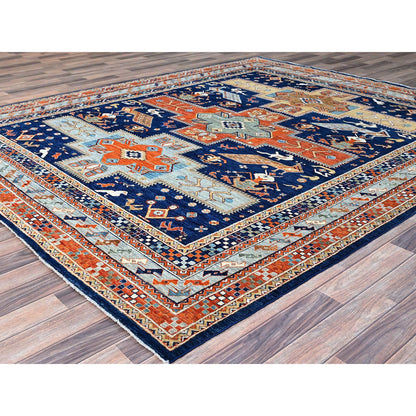 Tribal & Geometric Wool Hand Knotted Rug Blue Gray 7.10X9.4 -O0156