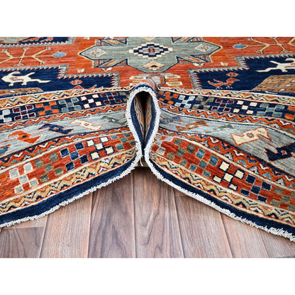 Tribal & Geometric Wool Hand Knotted Rug Blue Gray 7.10X9.4 -O0156
