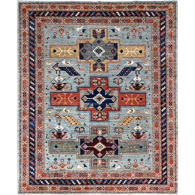 Tribal & Geometric Wool Hand Knotted Rug Grey Blue 8.1X9.11 -O0157