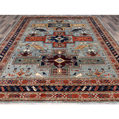 Tribal & Geometric Wool Hand Knotted Rug Grey Blue 8.1X9.11 -O0157