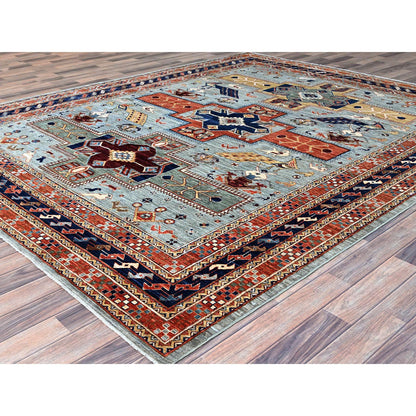 Tribal & Geometric Wool Hand Knotted Rug Grey Blue 8.1X9.11 -O0157