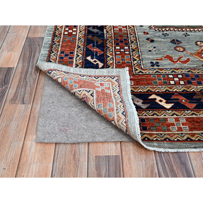 Tribal & Geometric Wool Hand Knotted Rug Grey Blue 8.1X9.11 -O0157