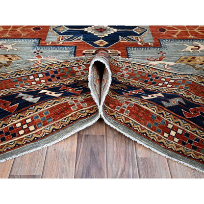 Tribal & Geometric Wool Hand Knotted Rug Grey Blue 8.1X9.11 -O0157