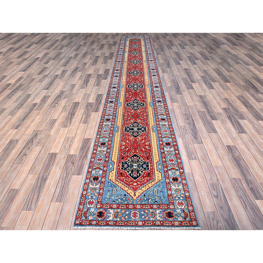 Heriz Wool Hand Knotted Rug Orange Uranian Blue 2.9X17.5 -O0187
