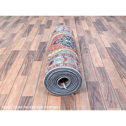 Heriz Wool Hand Knotted Rug Orange Uranian Blue 2.9X17.5 -O0187
