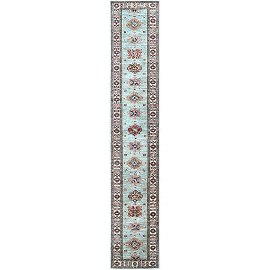 Kazak Wool Hand Knotted Rug Grey Ivory 2.9X15.5 -O0190